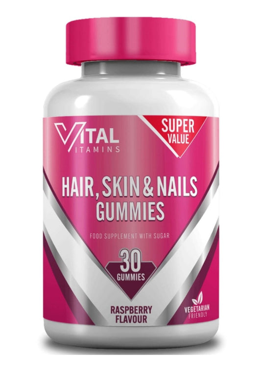 Vital Hair, Skin, and Nails Gummies: A strawberry-flavored supplement containing vitamins like A and biotin to enhance skin hydration and promote healthy hair and nails.