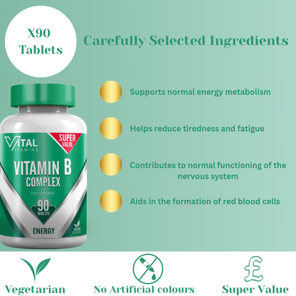 Vitamin B Complex supplement bottle with green and white design on a light green background