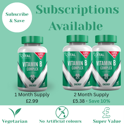 Three bottles of Vital Vitamins Vitamin B Complex on a green background with subscription options.
